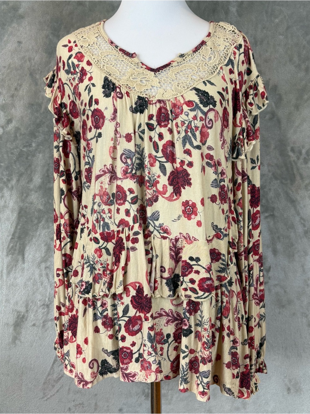 Bohemian Peasant Floral Crochet Lace Blouse Long Sleeve Wmn’s L